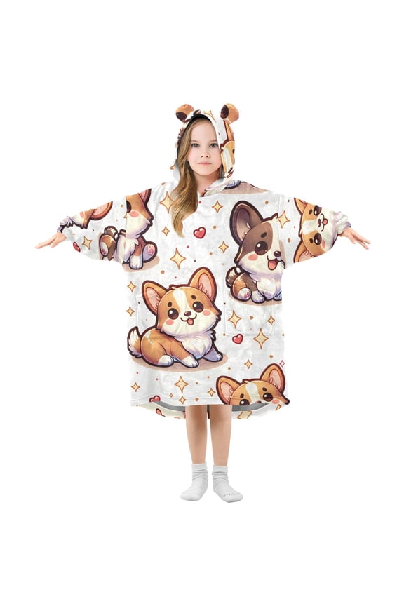Wearable Blanket Hoodie for Kids Cute Corgi Dogs Stars Flannel Oversized Sweatshirt 3-14 Years M