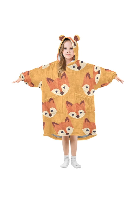 Wearable Blanket Hoodie for Kids Cute Fox Flannel Oversized Sweatshirt 3-14 Years L