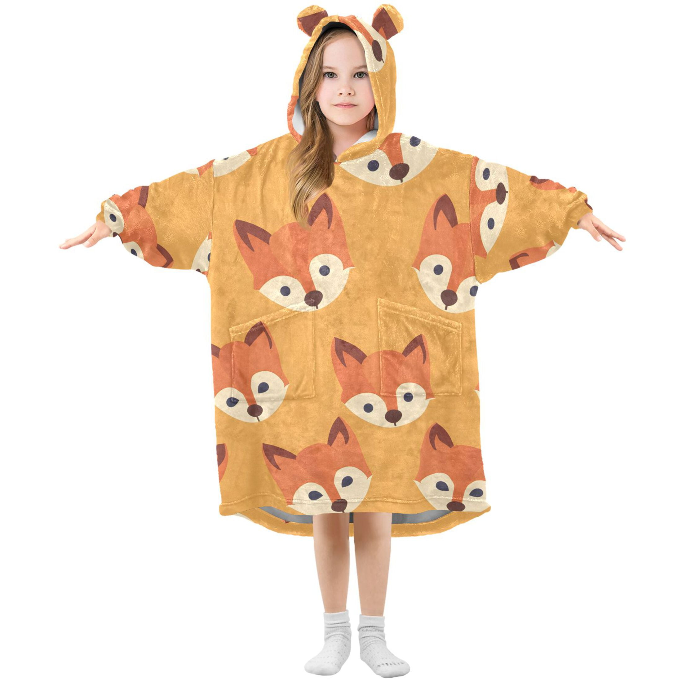 joogoo Wearable Blanket Hoodie for Kids Cute Fox Flannel Oversized Sweatshirt 3-14 Years M