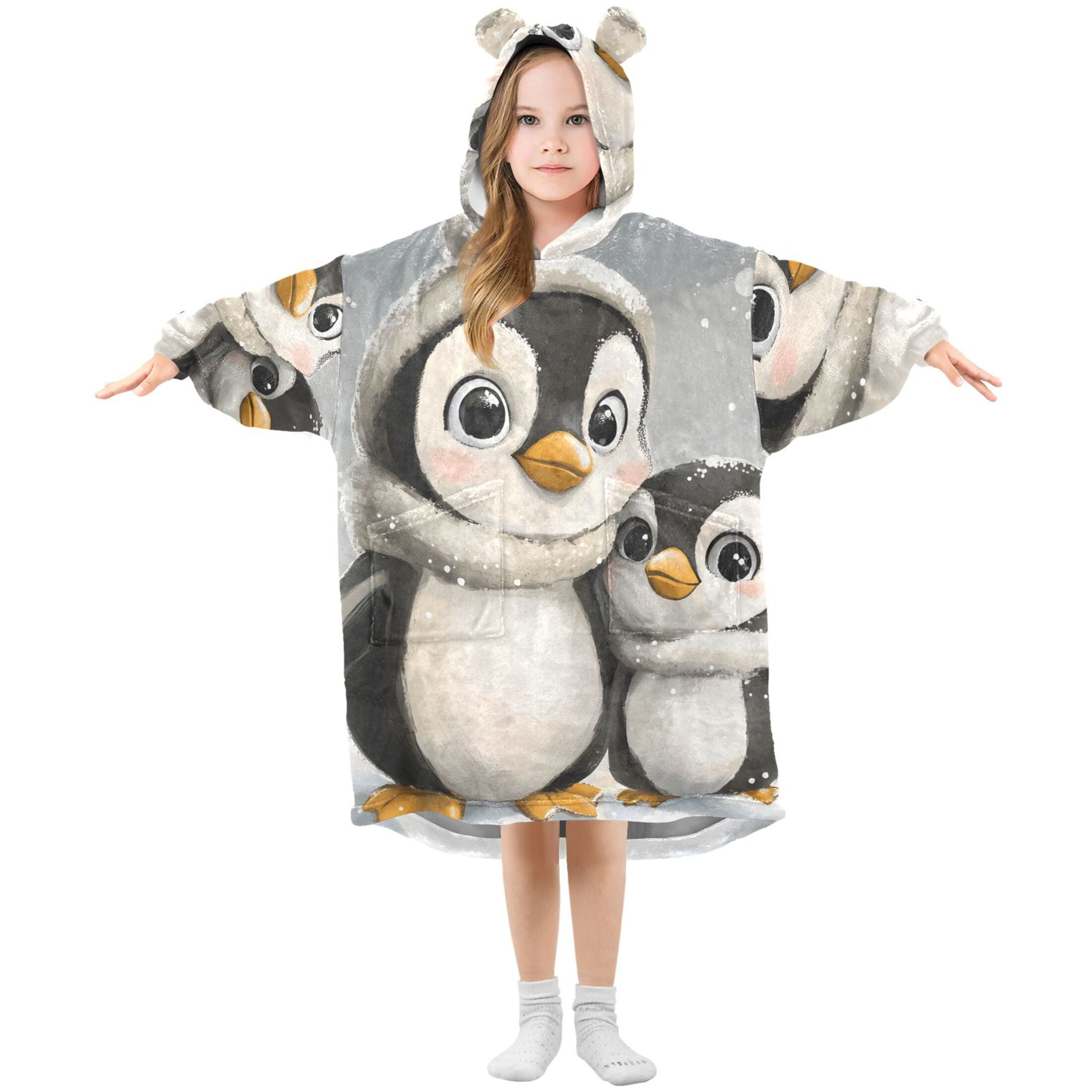 joogoo Wearable Blanket Hoodie for Kids Cute Penguins Flannel Oversized Sweatshirt 3-14 Years M