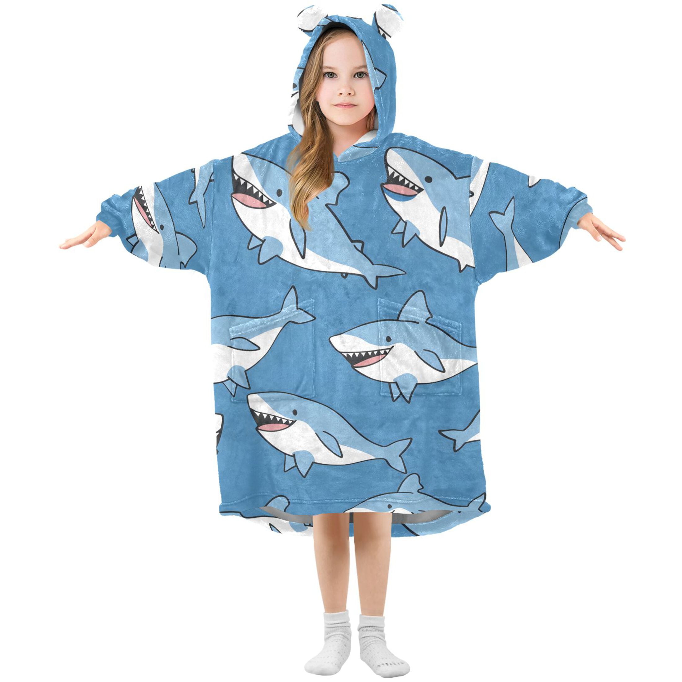 joogoo Wearable Blanket Hoodie for Kids Cute Sharks Cartoon Flannel Oversized Sweatshirt 3-14 Years M
