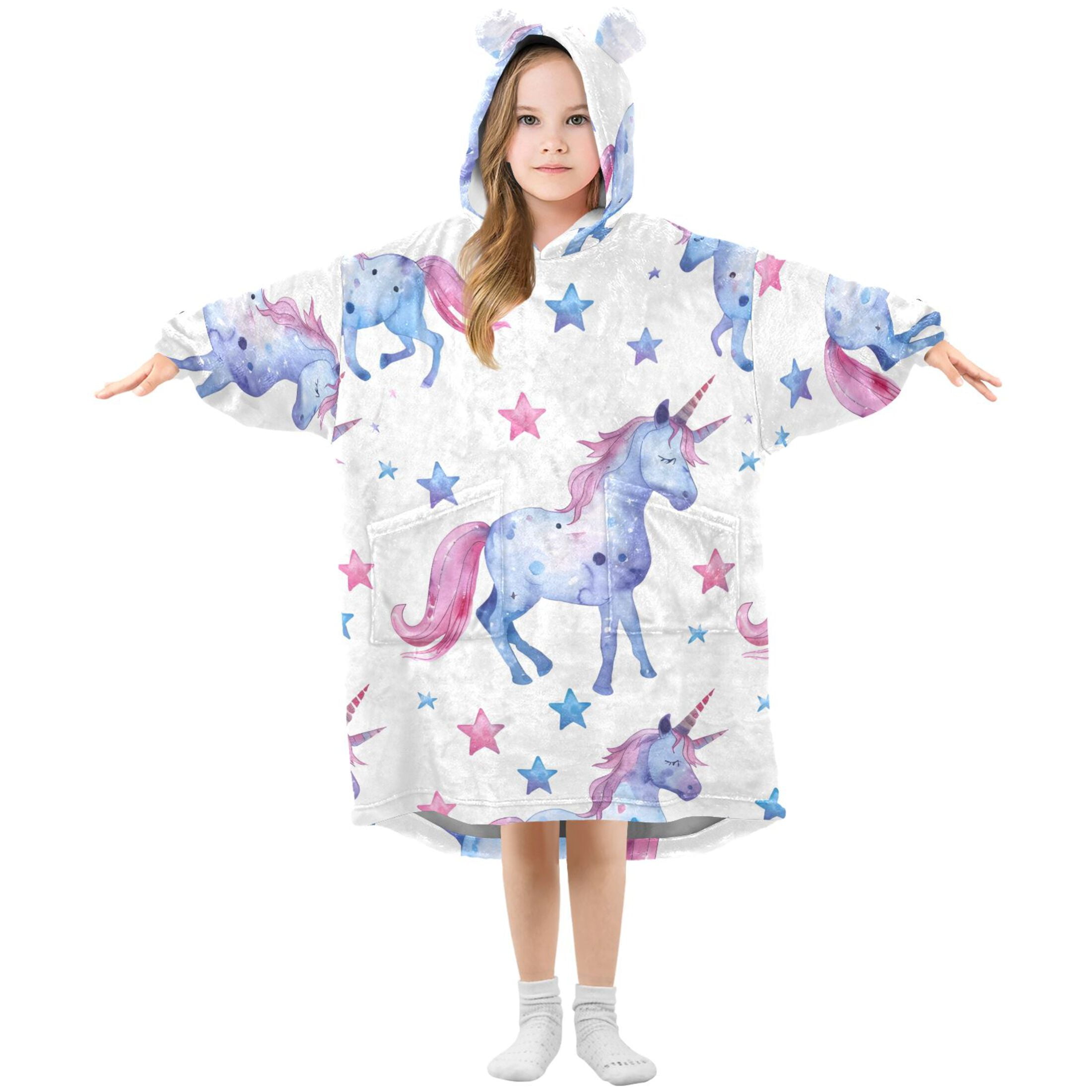 joogoo Wearable Blanket Hoodie for Kids Cute Unicorn and Stars Flannel Oversized Sweatshirt 3-14 Years M