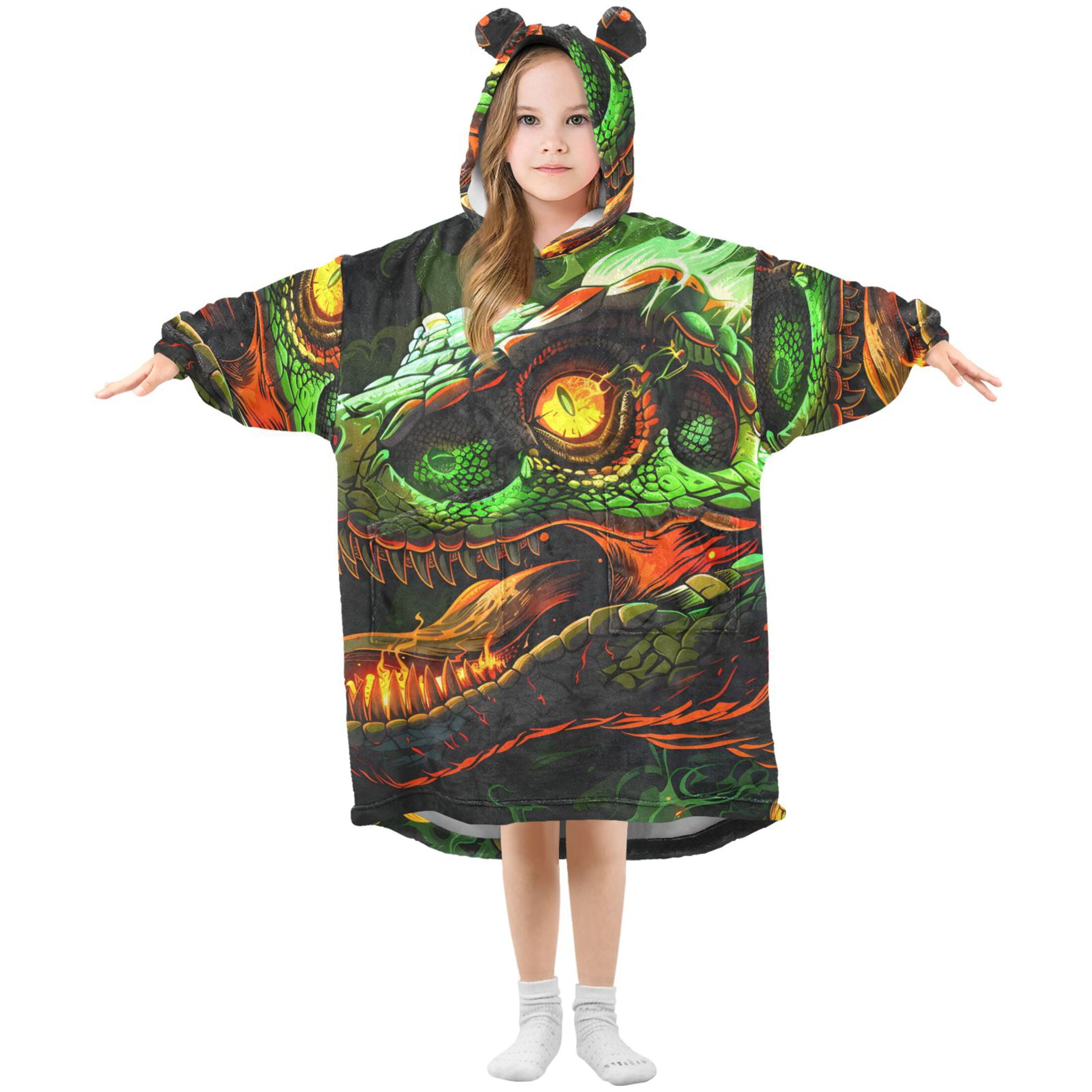 joogoo Wearable Blanket Hoodie for Kids Dinosaur with Fire Flannel Oversized Sweatshirt 3-14 Years M