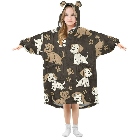 joogoo Wearable Blanket Hoodie for Kids Dogs Cute Footprint Flannel Oversized Sweatshirt 3-14 Years S