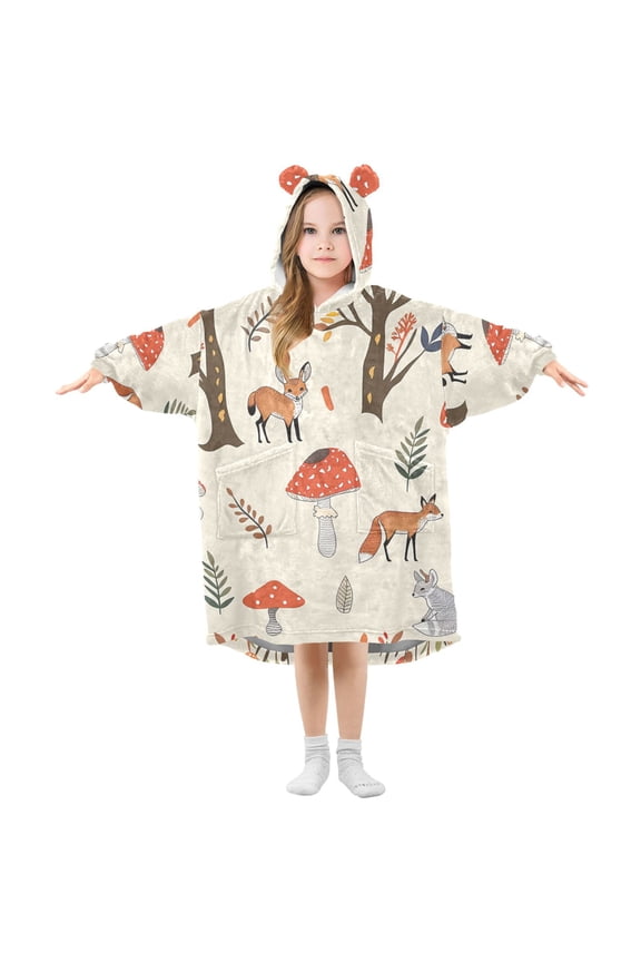 Wearable Blanket Hoodie for Kids Mushroom Fox Tree Cartoon Flannel Oversized Sweatshirt 3-14 Years L