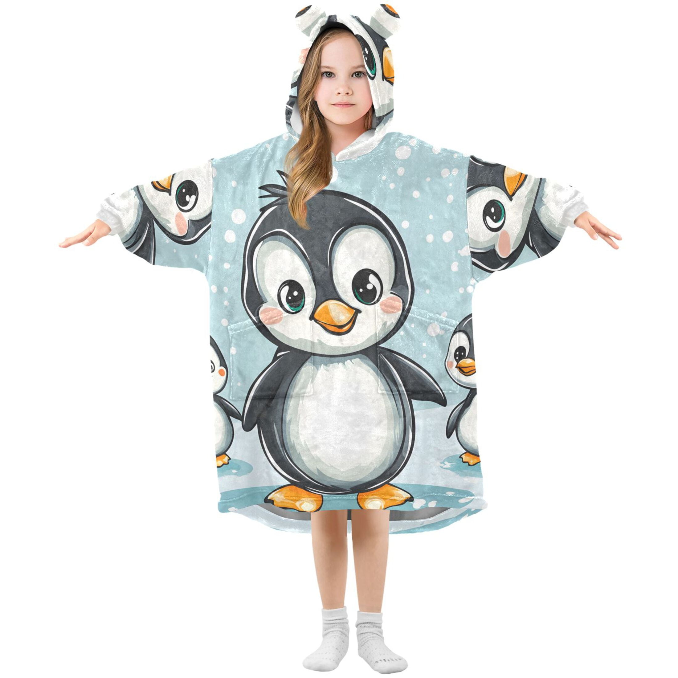 joogoo Wearable Blanket Hoodie for Kids Penguins and Snow Flannel Oversized Sweatshirt 3-14 Years M