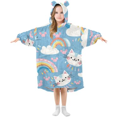 joogoo Wearable Blanket Hoodie for Kids Rainbow and Cat Paw Print Flannel Oversized Sweatshirt 3-14 Years S