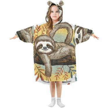 joogoo Wearable Blanket Hoodie for Kids Sloth on Branch Flannel Oversized Sweatshirt 3-14 Years S