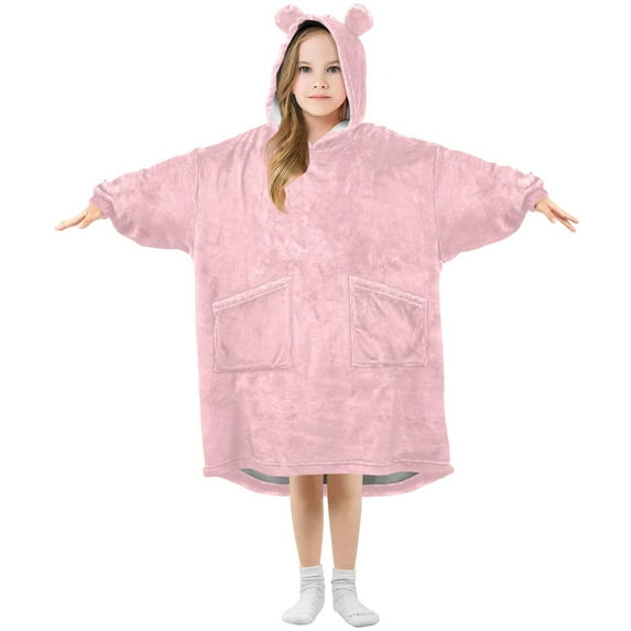 joogoo Wearable Blanket Hoodie for Kids Solid Pink Flannel Oversized Sweatshirt 3-14 Years S