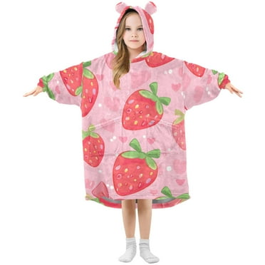joogoo Wearable Blanket Hoodie for Kids Strawberry and Heart Flannel Oversized Sweatshirt 3-14 Years S