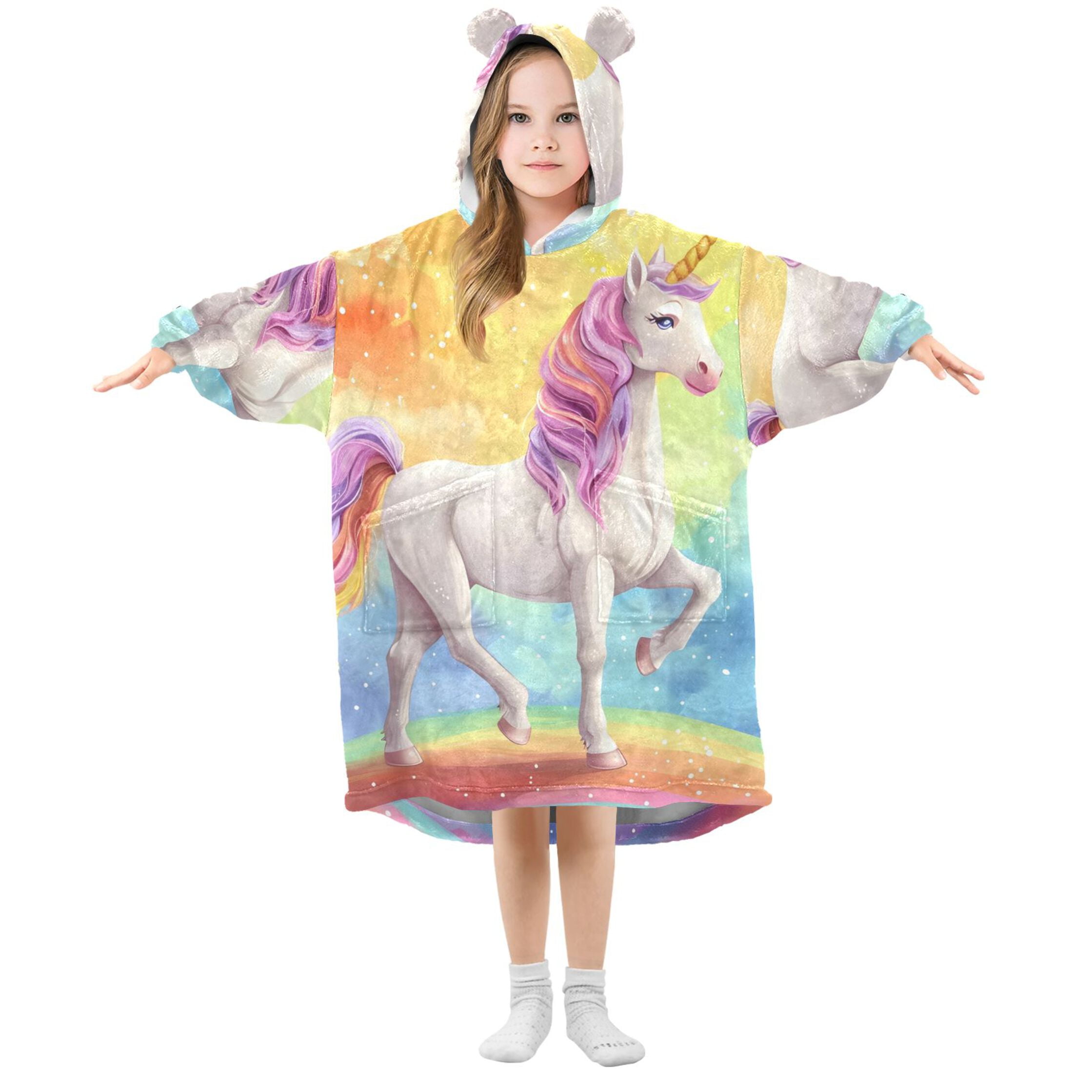 joogoo Wearable Blanket Hoodie for Kids Unicorn Standing on Rainbow Flannel Oversized Sweatshirt 3-14 Years L