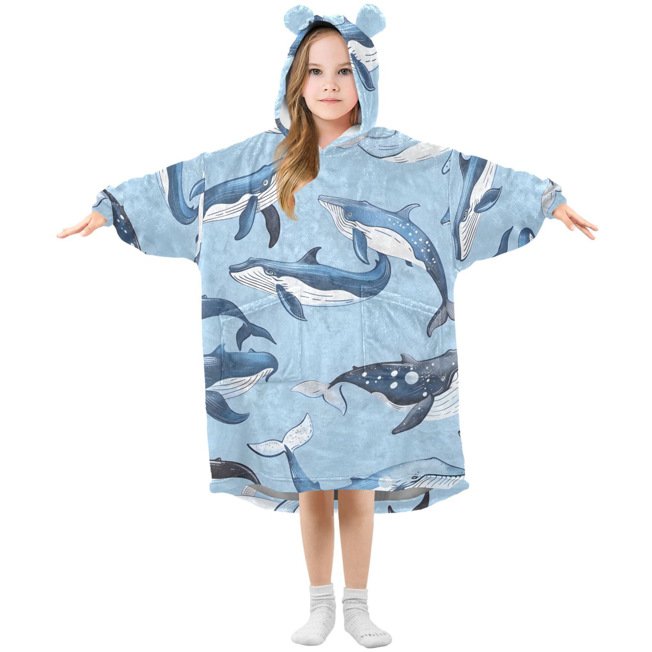 joogoo Wearable Blanket Hoodie for Kids Whales Flannel Oversized Sweatshirt 3-14 Years M