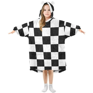 joogoo Wearable Blanket Hoodie for Kids White and Black Checkered Grid Art Pattern Flannel Oversized Sweatshirt 3-14 Years S