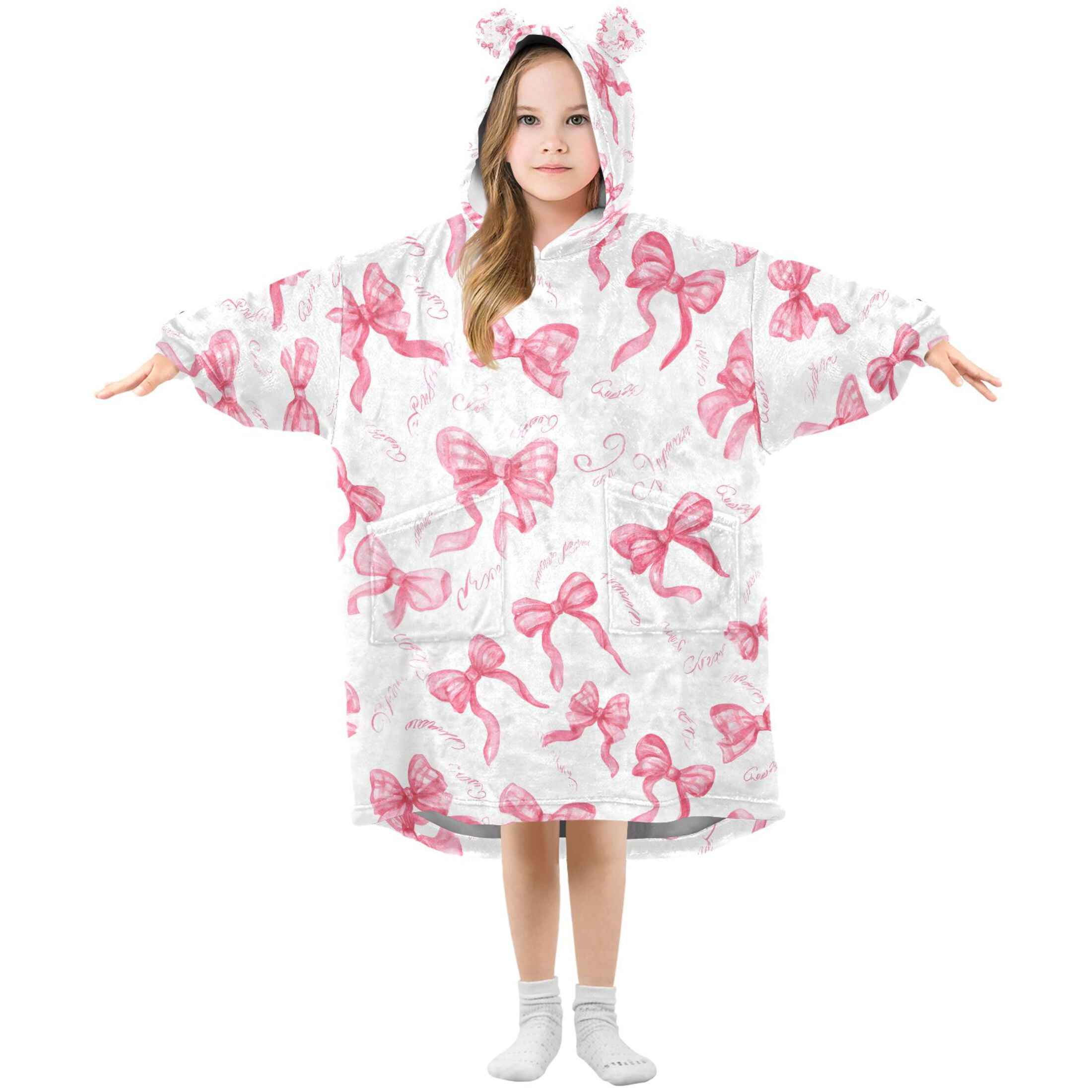 joogoo Wearable Blanket Hoodie for Pink Bows Flannel Sherpa Pocket 3-14 YR S