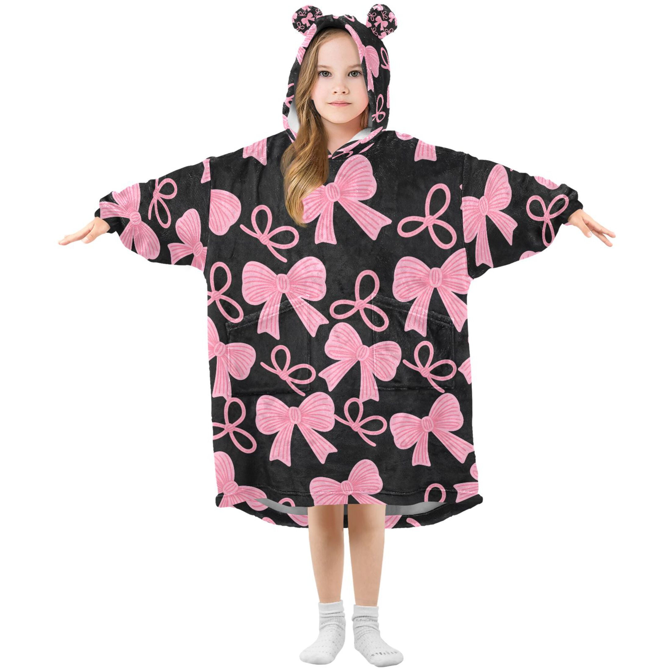 joogoo Wearable Blanket Hoodie for Pink Bows Flannel Sherpa Pocket 3-14 YR S