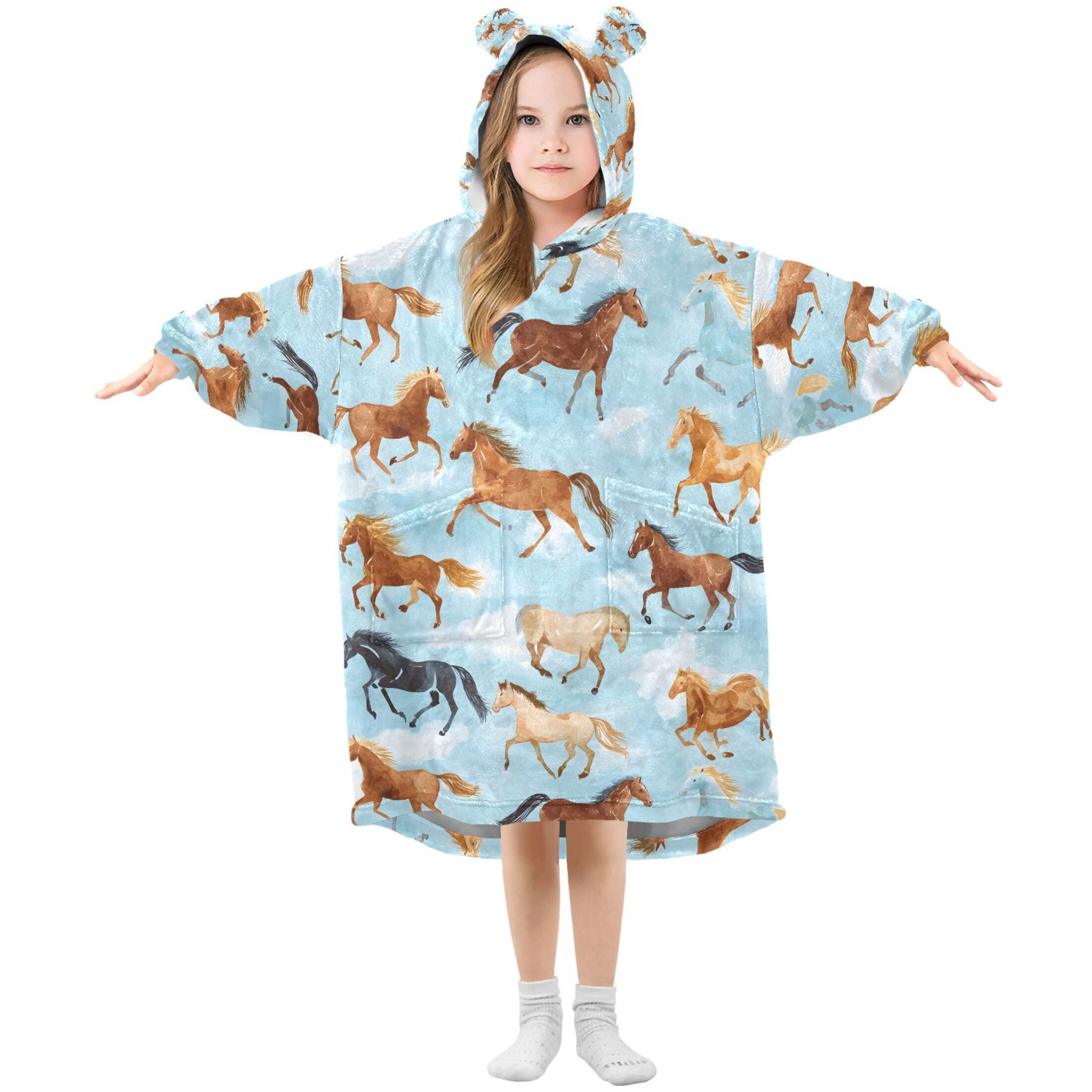 joogoo Wearable Blanket Hoodie for Running Horse Blue Flannel Sherpa Pocket 3-14 YR S
