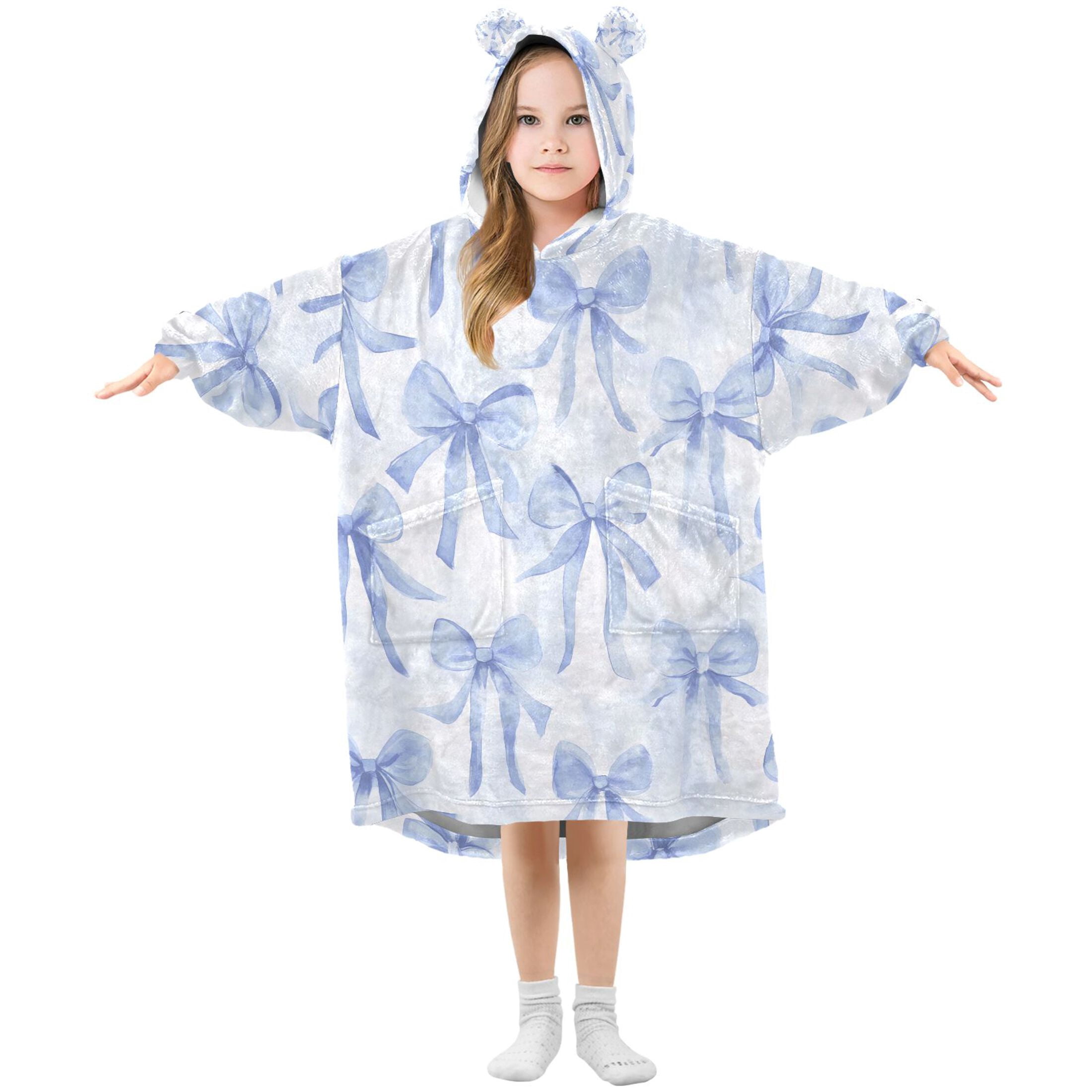 joogoo Wearable Blanket Hoodie for Watercolor Bow Blue Flannel Sherpa Pocket 3-14 YR S