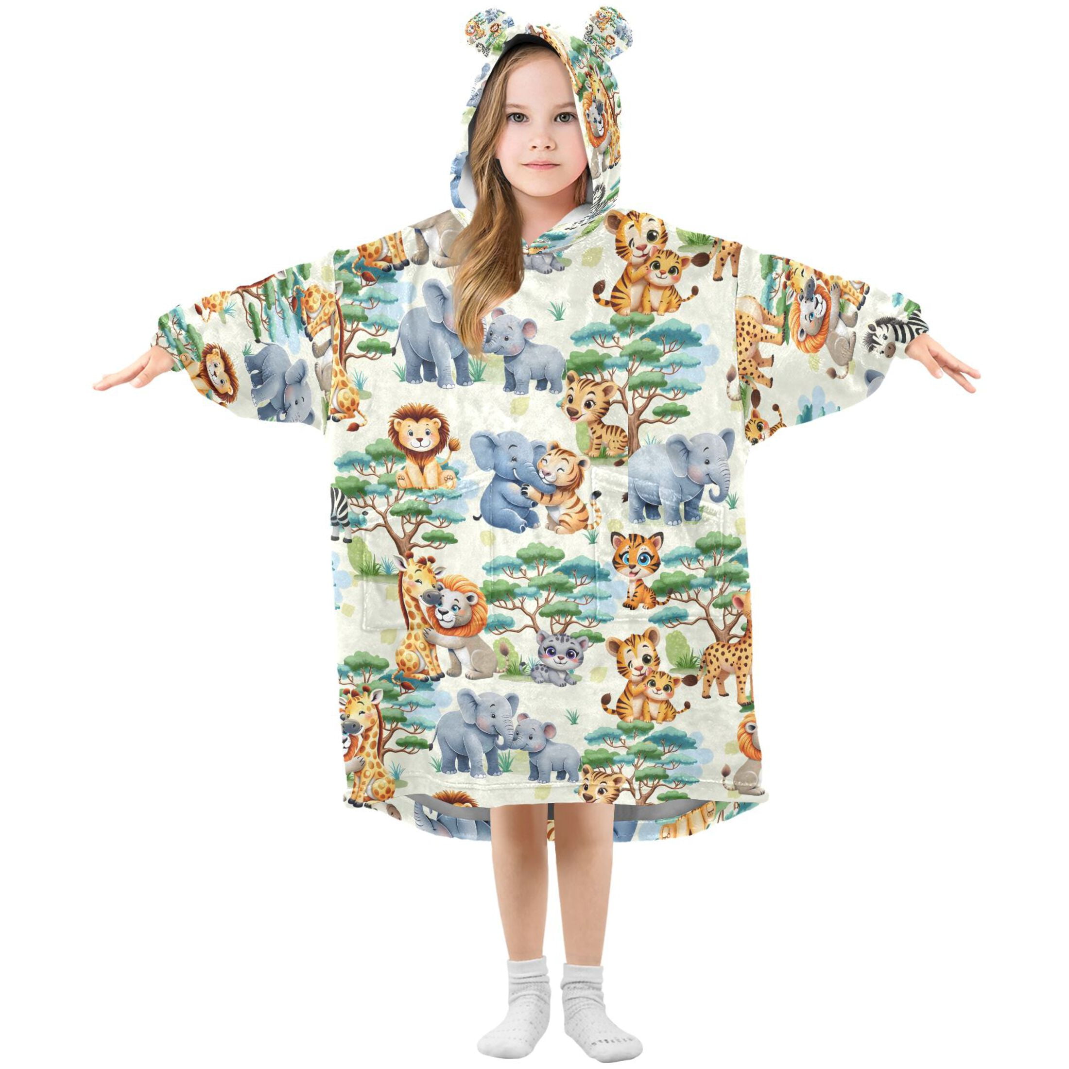 joogoo Wearable Blanket Jungle Animals Lions Elephants Hoodie for Oversized Sherpa Hooded 3-14 YR M