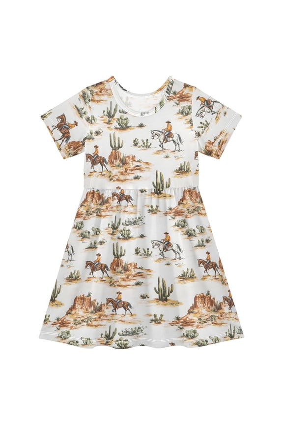 Western Cowboy Horses Girls' Short Sleeve Dress Kids Dresses 4T