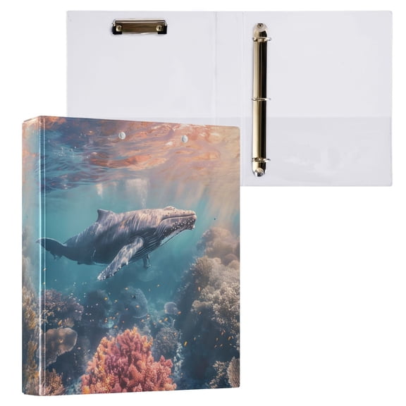 joogoo Whale Swims in The Sea Hardcover 3 Ring Binder 1.5" Round Rings Interior Pockets Binders Organizer 1 Pack
