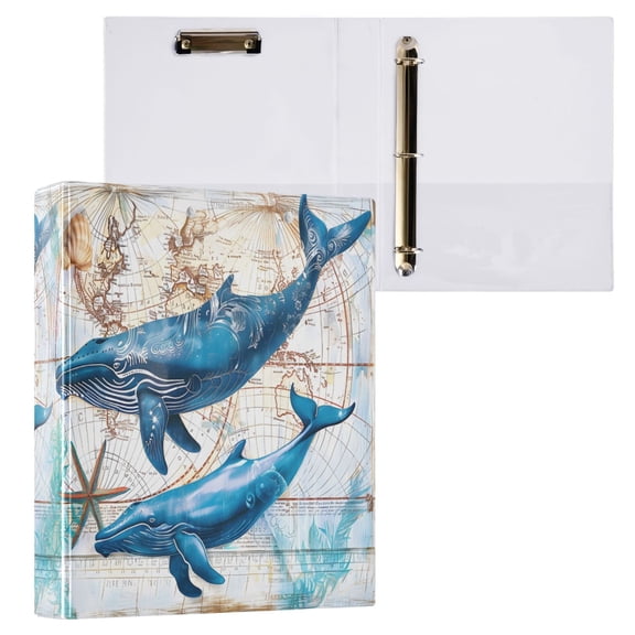 joogoo Whale with World Map Hardcover 3 Ring Binder 1.5" Round Rings Interior Pockets Binders Organizer 1 Pack
