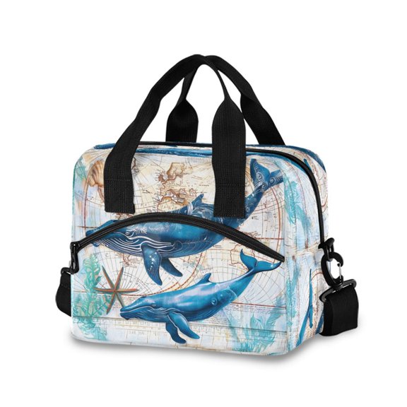 joogoo Whale with World Map Insulated Lunch Bags Reusable Cooler Box with Shoulder Strap