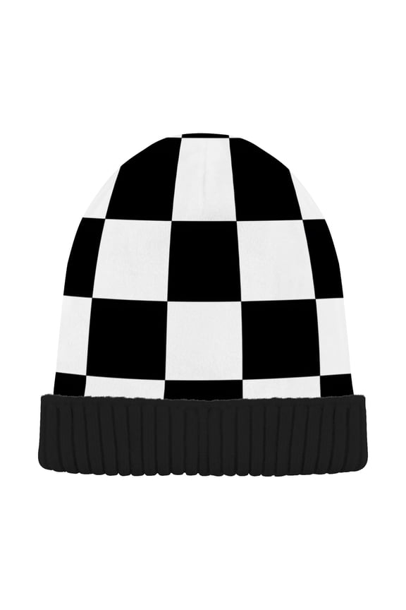 White and Black Checkered Grid Art Pattern Beanie Hats Men Women Cuffed Skull Cap Winter Warm Knit Thick Beanies