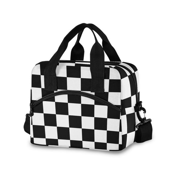 joogoo White and Black Checkered Grid Art Pattern Insulated Lunch Bags Reusable Cooler Box with Shoulder Strap