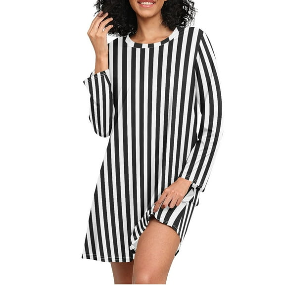 joogoo White and Black Stripe Pattern Women's Long Sleeve Nightgown Sleepwear XXXL
