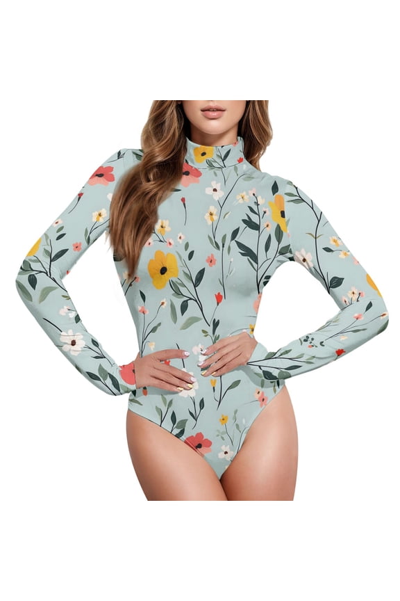Wildflower Floral Women's Mock Turtle Neck Long Sleeve Bodysuit M
