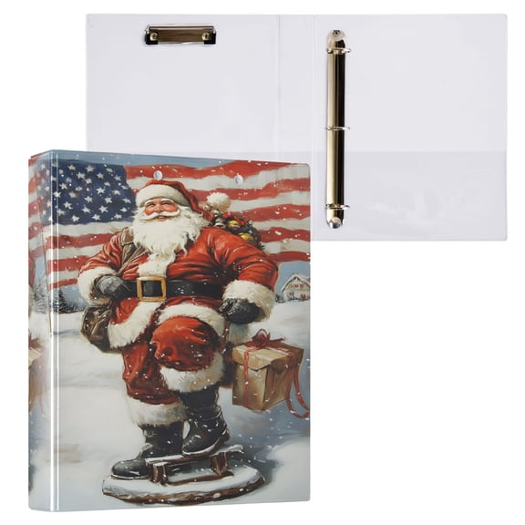 joogoo Winter Santa Claus and Flag Hardcover 3 Ring Binder 1.5" Round Rings Interior Pockets Binders Organizer 1 Pack