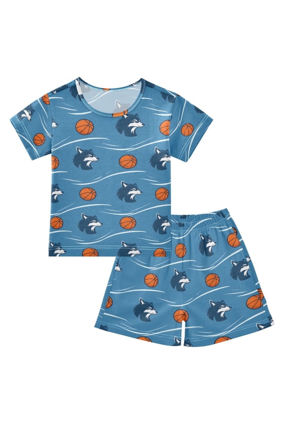 Wolf Basketballs Pajama Sets Short Sleeve Cotton 2-Piece Sleepwear 6Y