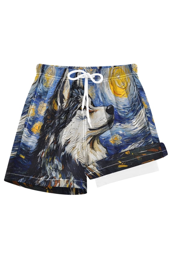 Wolf Oil Paint Boys Swim Trunks Beach Swimsuit Shorts Boxer 5-6T
