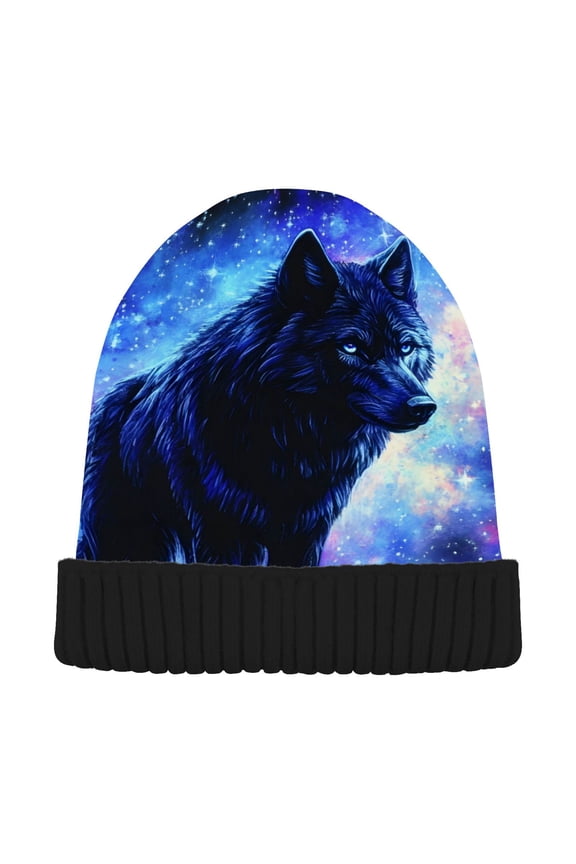Wolf Starry Night Beanie Hats Cuffed Winter Warm Knit Thick Beanies