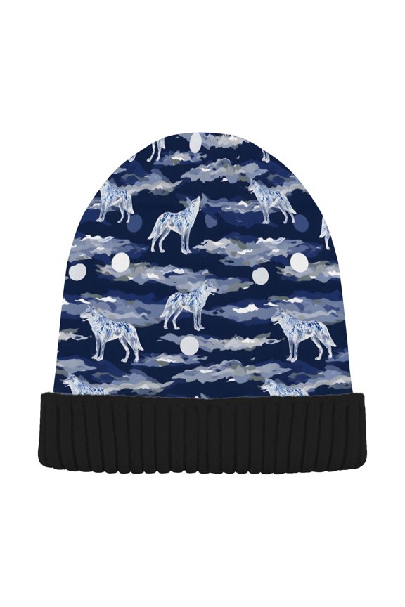 Wolf and Moon Beanie Hats Cuffed Winter Warm Knit Thick Beanies