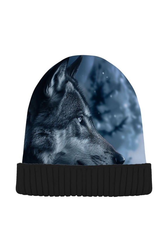 Wolf in Night Forest Beanie Hats Men Women Cuffed Skull Cap Winter Warm Knit Thick Beanies