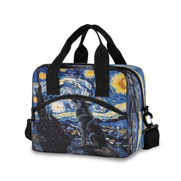 joogoo Wolf in Night Sky Oil Paint Insulated Lunch Bags Reusable Cooler Box with Shoulder Strap