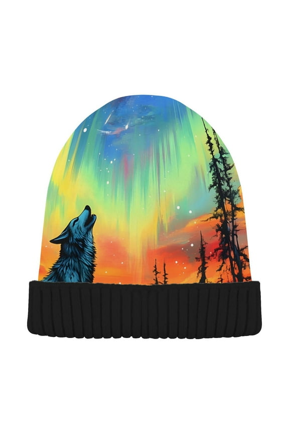 Wolf in Sunset Forest Beanie Hats Men Women Cuffed Skull Cap Winter Warm Knit Thick Beanies