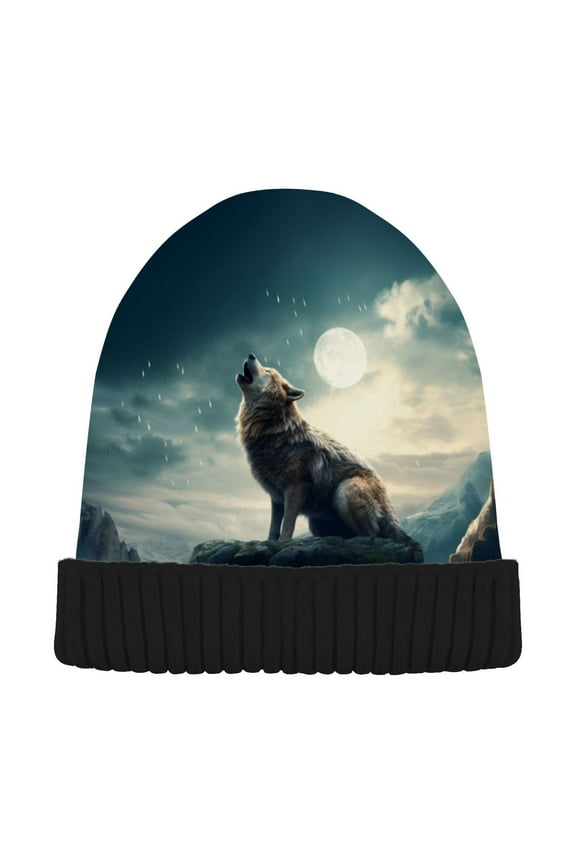 Wolf on Mountain Howl Beanie Hats Men Women Cuffed Skull Cap Winter Warm Knit Thick Beanies