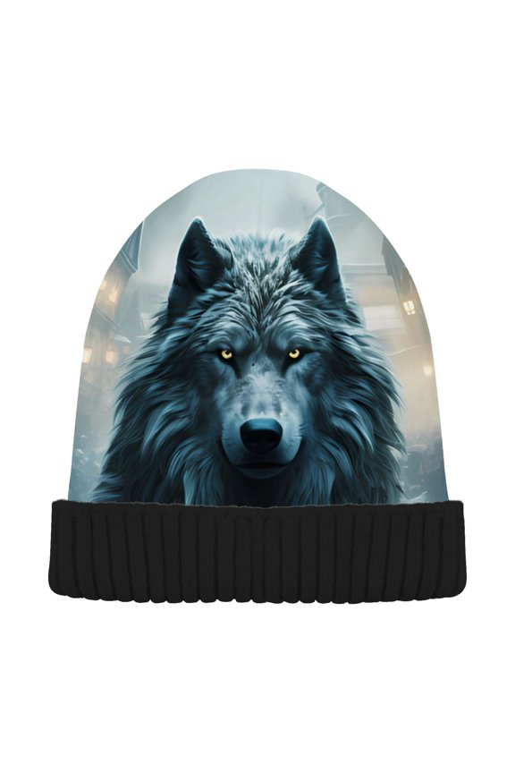 Wolfs Print Beanie Hats Men Women Cuffed Skull Cap Winter Warm Knit Thick Beanies