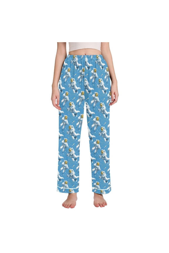Women Astronaut Space Cartoon Pajamas Pants Lounge Bottoms Pjs with Pockets L