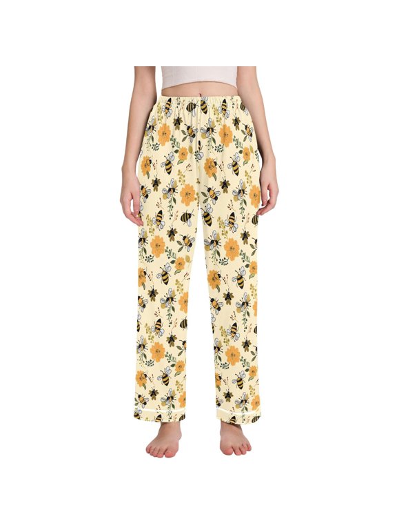 Women Bee Flying on Flowers Pajamas Pants Lounge Bottoms Pjs with Pockets S