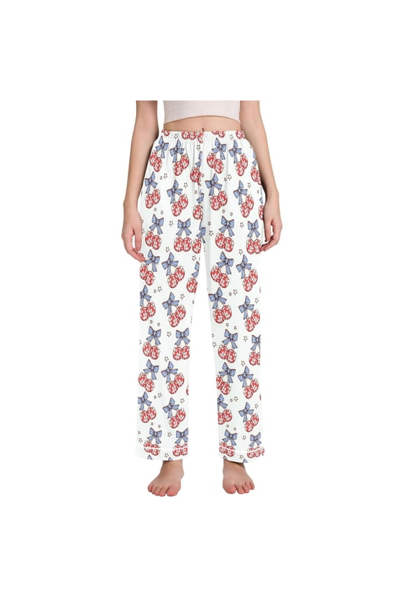 Women Blue Bows Disco Balls Pajamas Pants Lounge Bottoms Pjs with Pockets M
