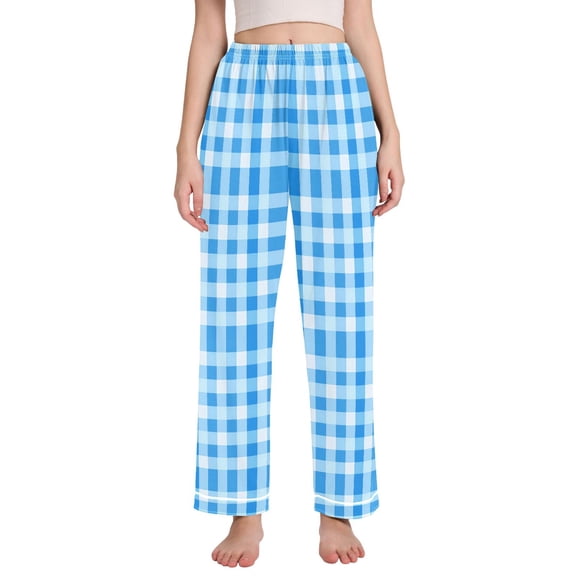 joogoo Women Blue Geometric Checkered Grid Pattern Pajamas Pants Lounge Bottoms Pjs with Pockets S
