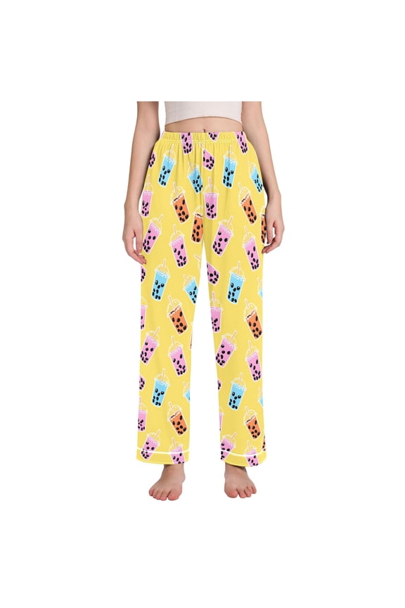 Women Boba Bubble Tea Yellow Pajamas Pants Lounge Bottoms Pjs with Pockets S