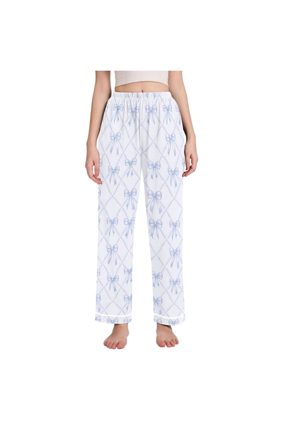 Women Bows Checkered Blue Pajamas Pants Lounge Bottoms Pjs with Pockets L
