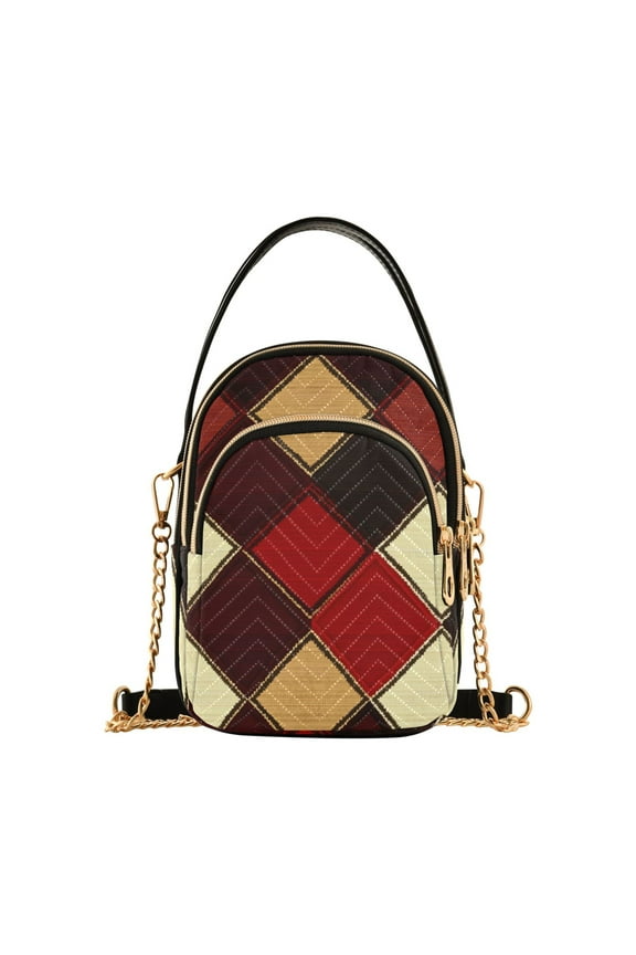 Women Brown Checkered Plaid Pattern Chain Crossbody Bags Shoulder Handbag Phone Purse
