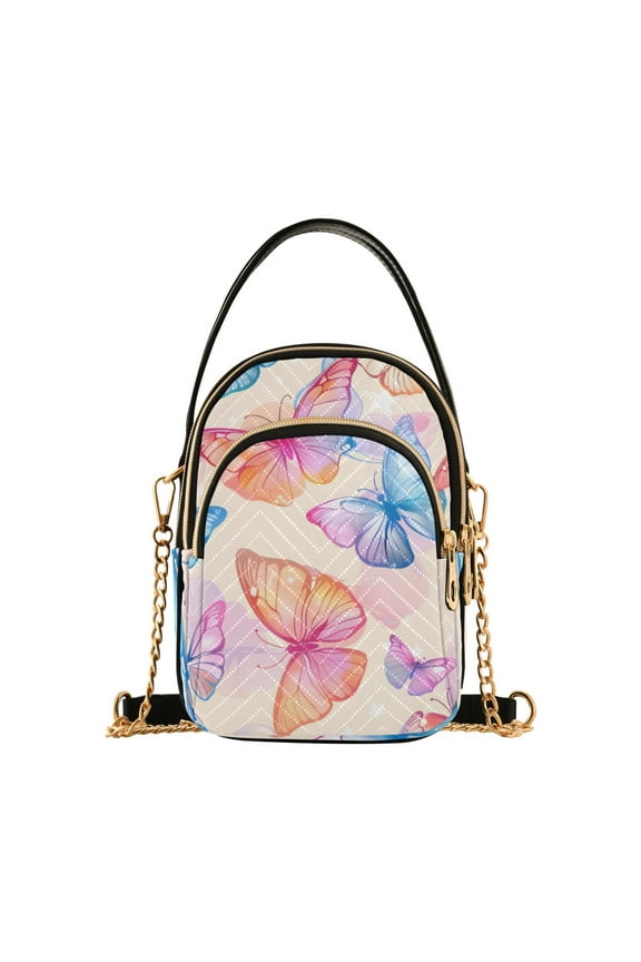 Women Butterfly Flying on Beige Chain Crossbody Bags Shoulder Handbag Phone Purse