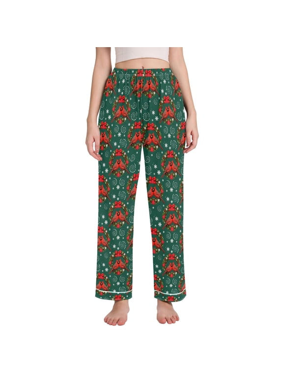 Women Cardinal Bows Snowflakes Pajamas Pants Lounge Bottoms Pjs with Pockets XL
