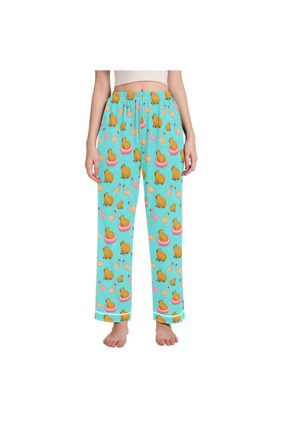 Women Cartoon Capybara Flamingo Pajamas Pants Lounge Bottoms Pjs with Pockets L